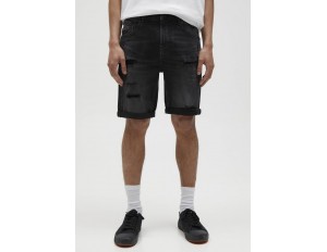 PULL&BEAR MIT RISSEN - Jeans Shorts - black/schwarz