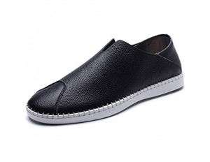 CAIFENG Lässige Müßiggänger for Männer Sommer Outdoor-Schuhe Slip On Stil Echtes Leder Nähen Anti-Collision Captoe Runde Toe Huns (Color : Black Size : 38 EU)