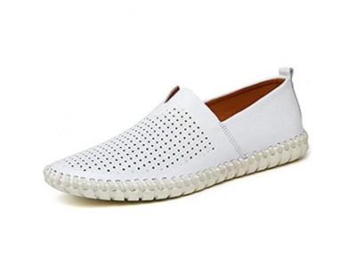 CAIFENG Müßiggänger for Männer Casual-Schuhe Slip-on Flat-Nähte Anti-Rutsch Echtes Leder der atmungsaktive runde Zehe handgefertigt ist (Color : White Perforated Size : 42 EU)